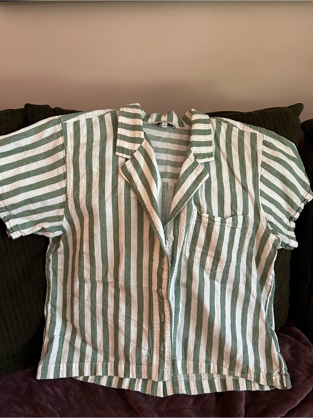 Madewell Green and White Striped Button-Down Shirt